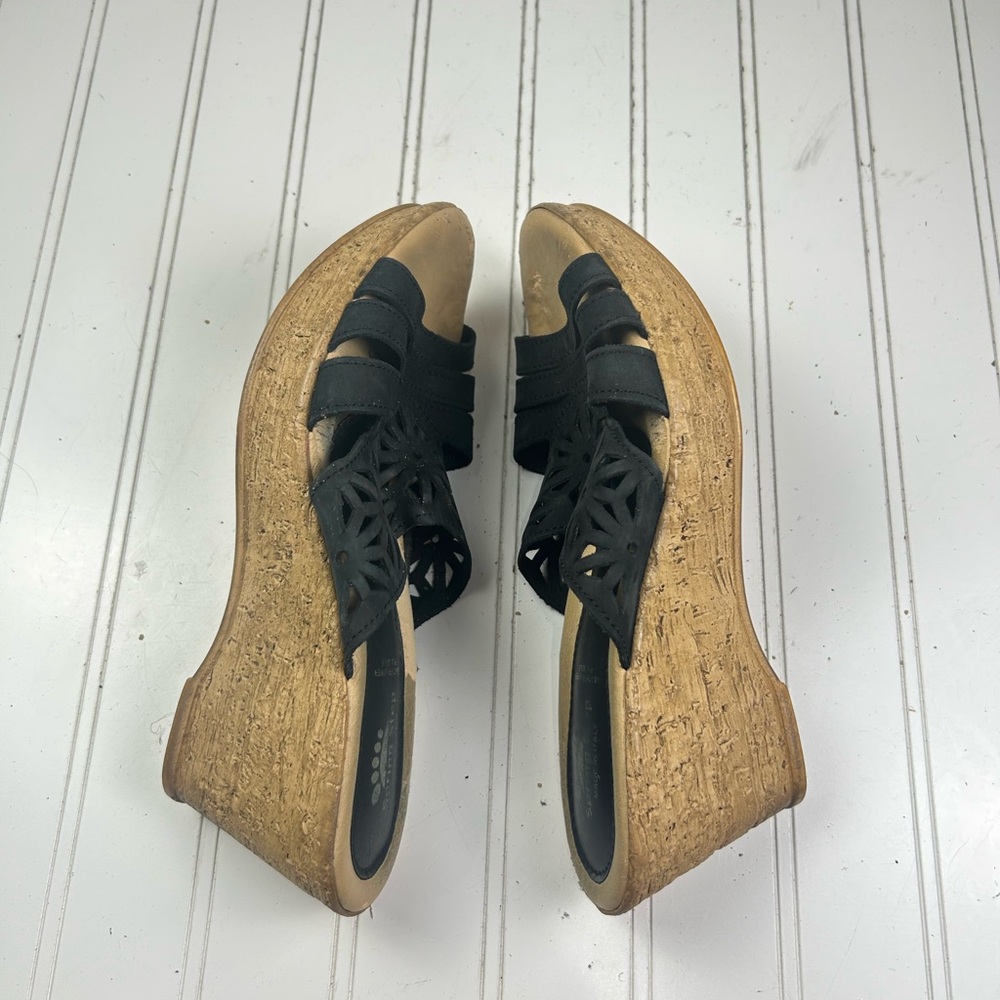 Spring Step Dora Black Leather Cork Wedge Platform Sandals Women’s Size EU 39 8 - Picture 10 of 13